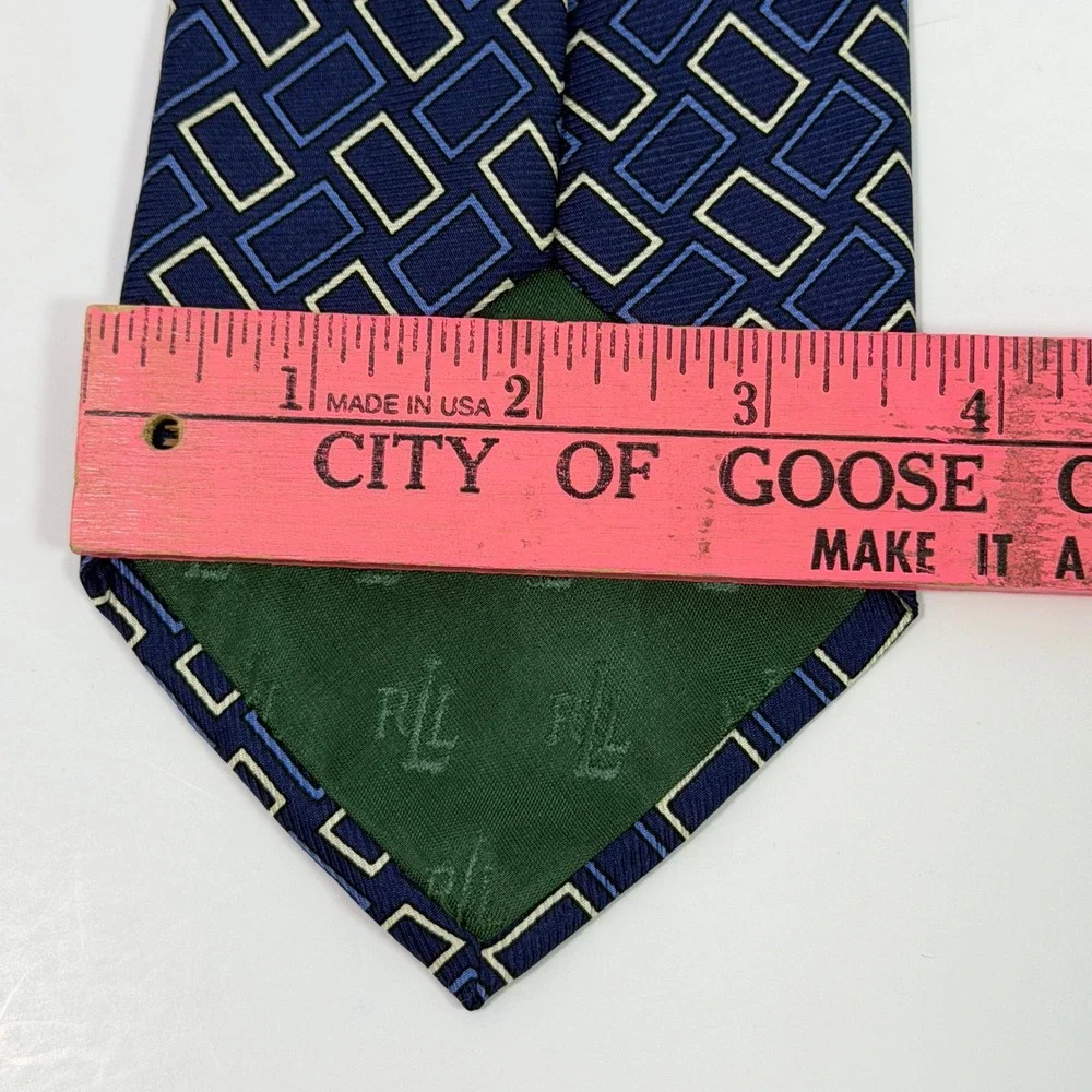 Lauren Ralph Lauren Mens Silk Tie Navy Blue Geometric Rectangle Pattern